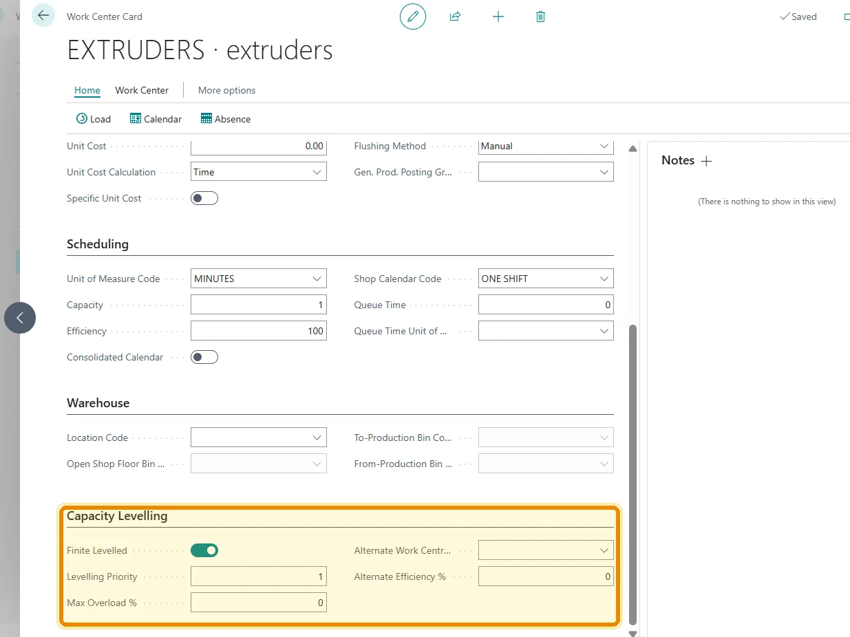 Capacity Planning in D365 Business Central — Finite Levelling per Work Centre