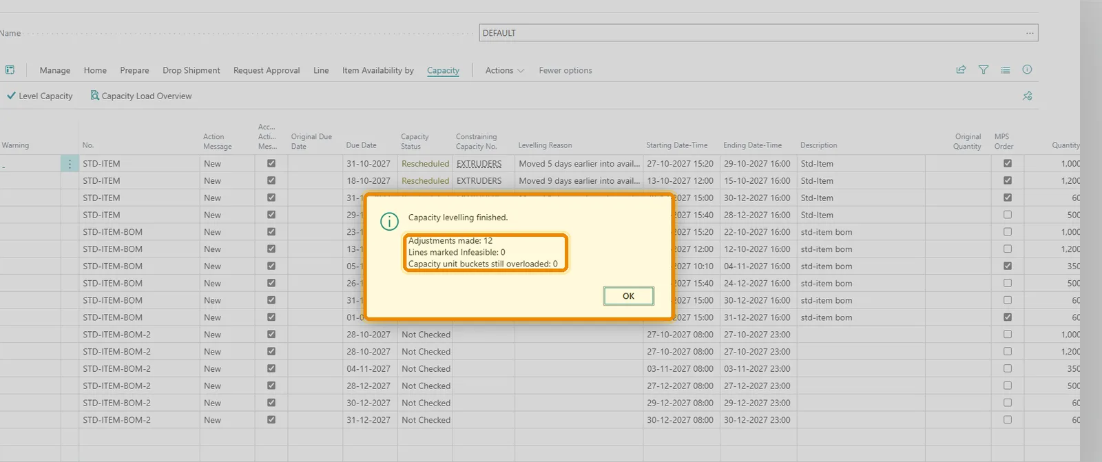Capacity Planning in D365 Business Central — Levelling Result