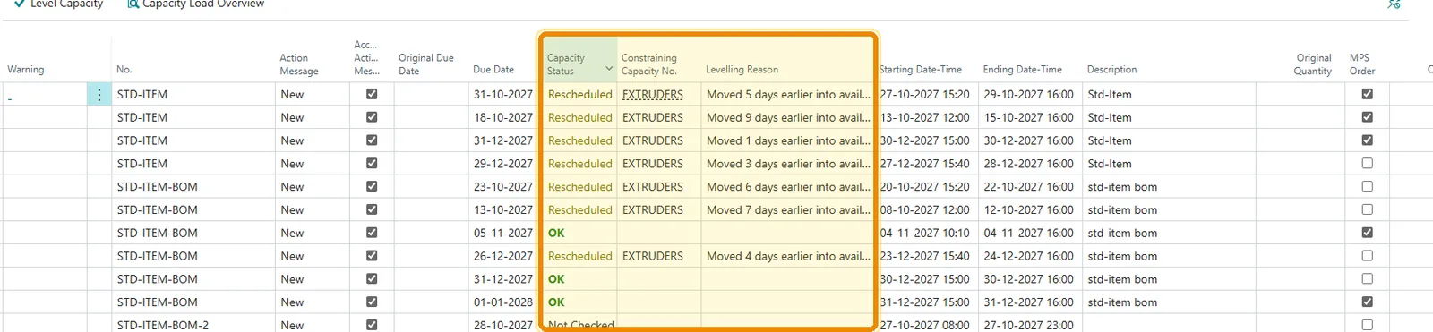 Capacity Planning in D365 Business Central — After Levelling