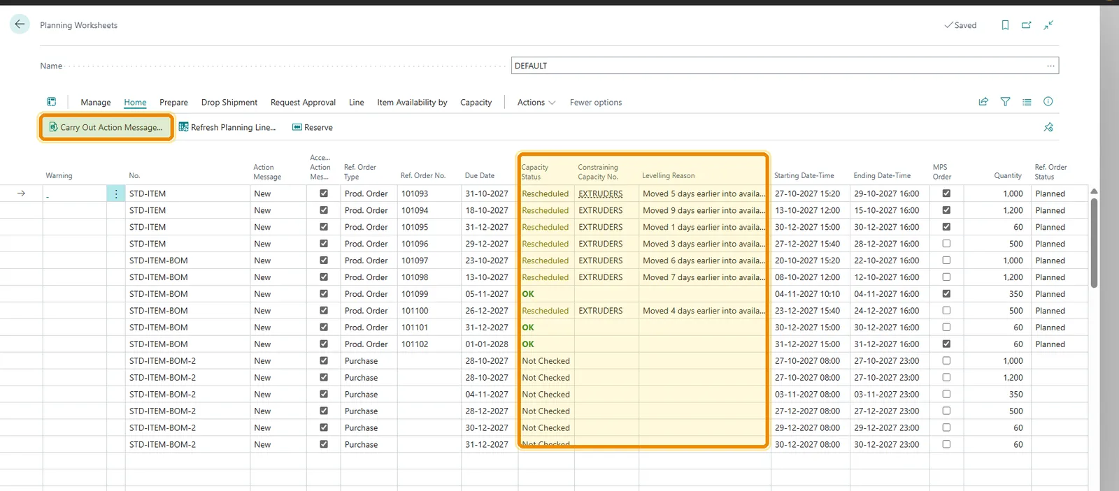 Capacity Planning in D365 Business Central — Carry Out Action Messages