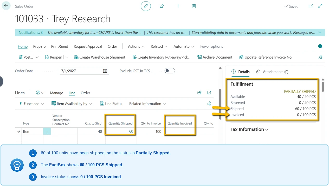 Sales Status Viewer in D365 Business Central — Partial Shipments